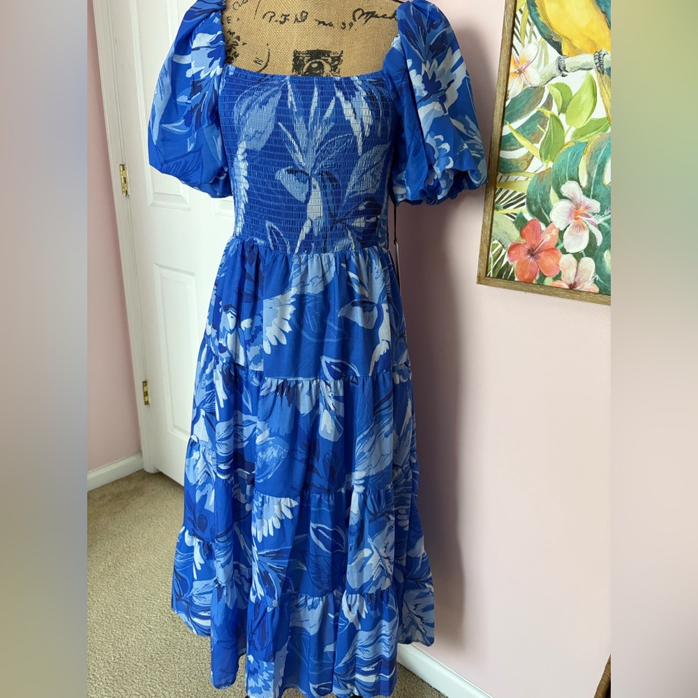 Crystal Doll Blue Floral Puff-Sleeve Maxi Dress